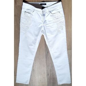 White House Black Market Blanc Jeans WOM 2S White Slim Leg Embroidery Rhinestone